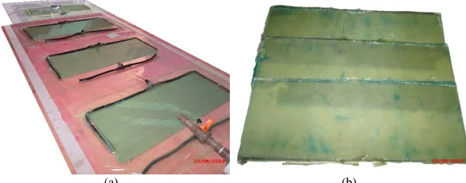 Figura 3.3: Processo de fabricação dos compósitos: (a) aspecto dos laminados imediatamente após a  cura parcial; (b) aspecto dos compósitos após a apara de algumas bordas, e após a remoção do air flow 