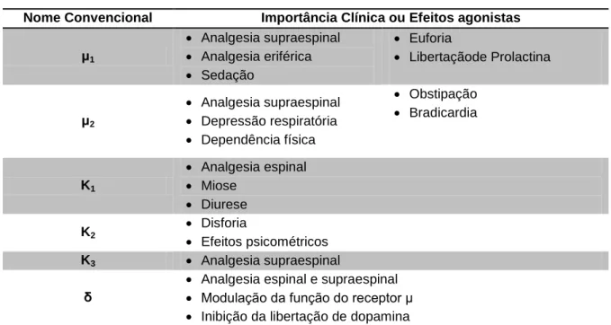 Tabela 7 - Efeitos clínicos associados a cada tipo de receptor. (Adaptado de: Hoffman et al,2007)   Nome Convencional  Importância Clínica ou Efeitos agonistas 