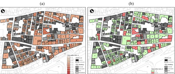 Figure 4. Vulnerability index mapping of buildings within the Ribeirinha area (a) and the identification of  buildings with I v  ≥40 (b) 