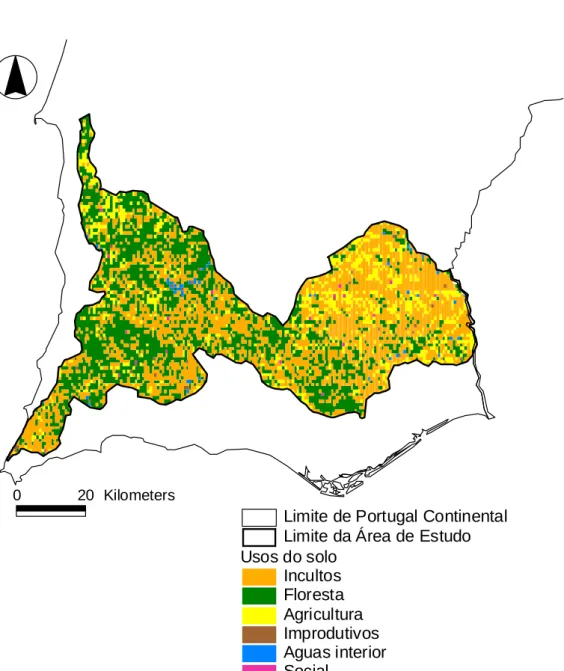 Figura 2. Usos do solo na área de estudo, de acordo com a 3.ª Revisão do Inventário Florestal Nacional  (Fonte: Direcção-Geral das Florestas 2001).