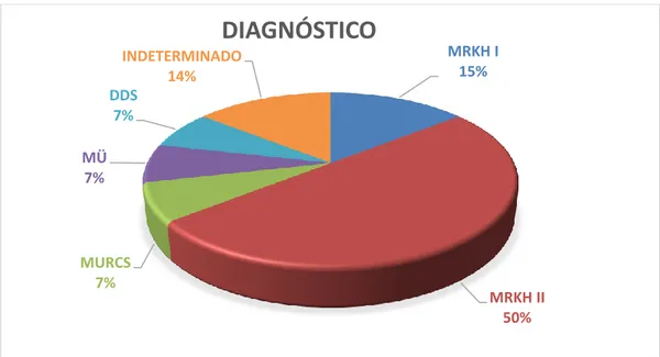Figura 9: Representação gráfica das proporções de diferentes diagnósticos detectados no estudo (n=14)