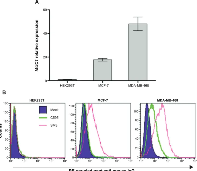 Figure 7 (A) Detection of MUC1 mrNa expression in different cell lines by quantitative rT-Pcr analysis