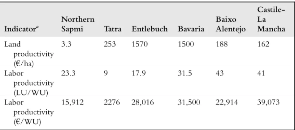 Table 8 Main productivity indicators in the six study areas