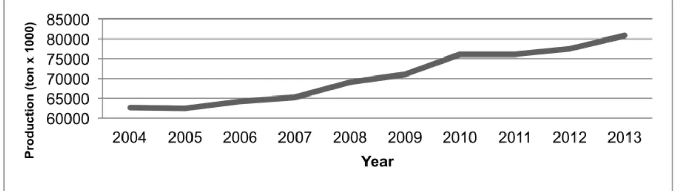 Figure 1 - Evolution of the apple production in the world from 2004 to 2013 (FAO, 2013) 