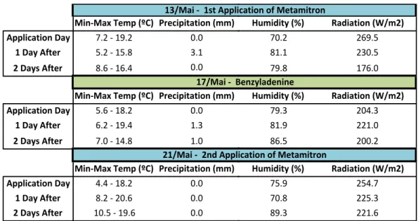 Table 3 - Minimum and maximum temperature (ºC), precipitation (mm), humidity (%) and radiation (W/m 2 ) in the  application day and in the 1 st  and 2 nd  days after applications of metamitron (13/May and 21/May) and application of 