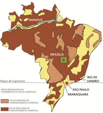 Figura 2.1 Ocorrência de solos lateríticos no Brasil (Villibor et al., 2009) 