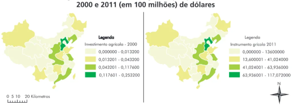 Figura 2 – Investimento agrícola por província em  2000 e 2011 (em 100 milhões) de dólares