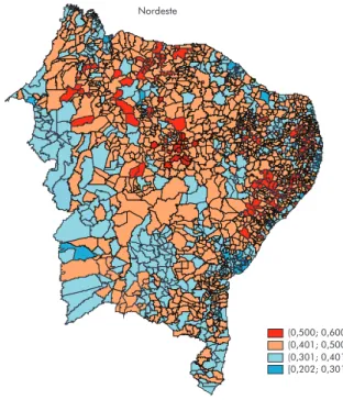 Figura 3 – Índice de Gini Educacional (IGE), Nordeste, 2010 (0,500; 0,600] (0,401; 0,500] (0,301; 0,401] [0,202; 0,301]Nordeste
