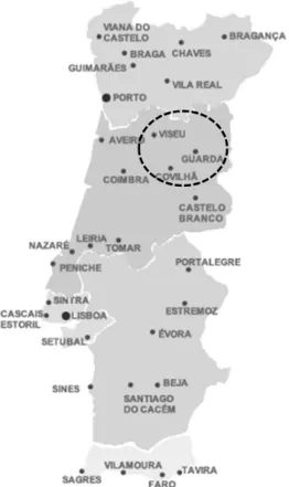 Figure 1. Map of Portugal showing the location of Viseu and Covilhã. 