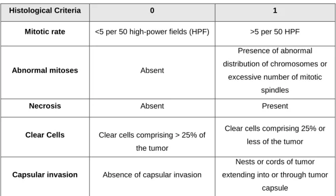 Table  1-  Modified  Weiss  system  used  for  establishing  differential  diagnosis  between  adrenocortical  adenoma and adrenocortical carcinoma [adapted from (Lau and Weiss 2009)]