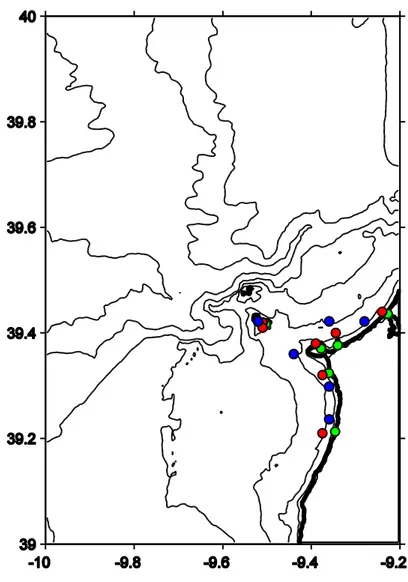 Figure  6  –  Position  of  the  collection  points  of  environmental  data  (Chl-a  –  green; 