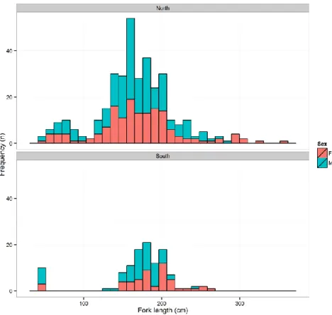 Figure 2. Size (fork length, in cm) frequency distribution of male (n = 257) and female (n = 205) SMA samples  currently  available  for  the  age  and  growth  study,  for  the  north  and  south  Atlantic  (separated  at  the  5ºN)