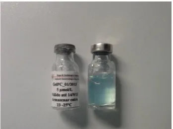 Figura  8:  Amostras  de  ftalocianina  de  cloro- cloro-alumínio  em  formulação  limpossomal  GelPC,  fornecidas  pelo  Departamento  de  Química  da  USP