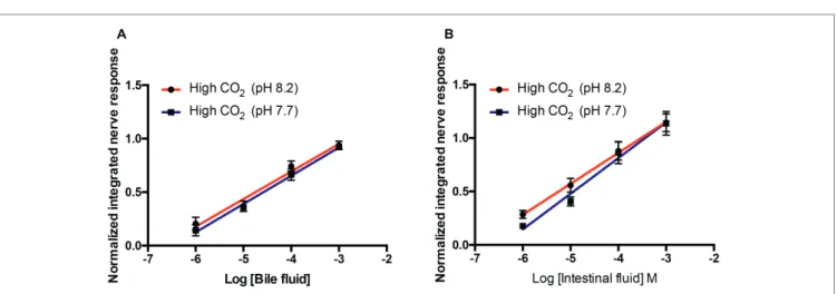 FIGURE 4  |  Normalized olfactory nerve responses of high CO 2  fish (kept at pH 7.7) to conspecific (A) bile fluid and (B) intestinal fluid with odorant pH 8.2 (red) and  pH 7.7 (blue)