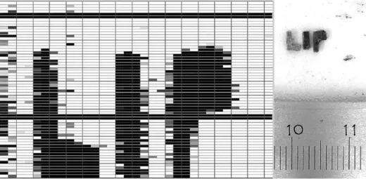 Fig. 6. First image obtained with the single-chip detector board: a set oflead masks forming the word ‘‘LIP’’ (shown on the right against a metric ruler)