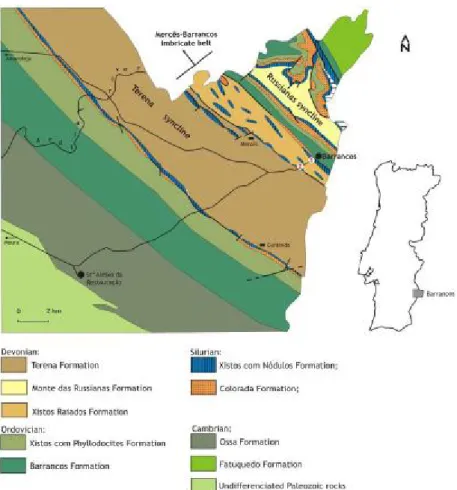 Figure 1. Simplified geological map of the Barrancos region (adapted from Piçarra et al., 1995; 1998; 2000 and Araújo et al., 2006), showing the position of the studied trenches.