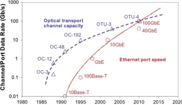Figure 1.3: Standards of the transport channel capacities and Ethernet port speeds [1].