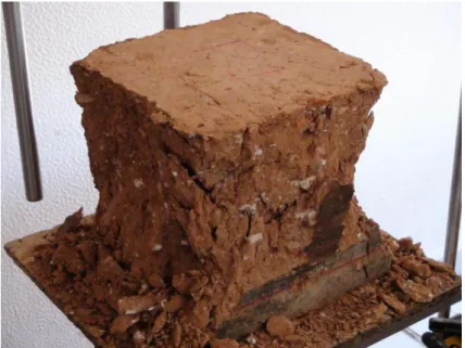 Figura 2: Ensaio de um cubo de taipa à compressão (200×200×200 [mm]). 