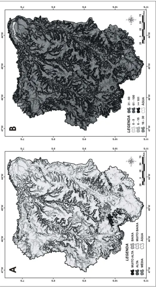 Figura 6 – Mapa de erosão laminar do Alto Parnaíba: (A) Erosão Atual; (B) Erosão Potencial.