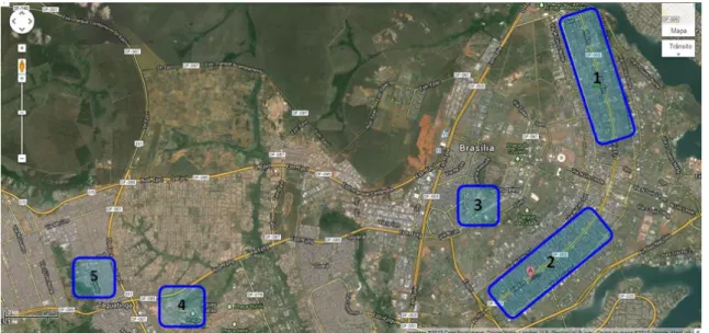 Figura 4.2 – Mapa de Brasília com a identificação dos locais em que as amostras de  fachadas utilizadas neste estudo estão situadas