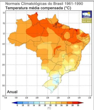 Figura 2.8 – Mapa brasileiro de temperatura média compensada anual – período 1961-1990  (INMET, 2013) 
