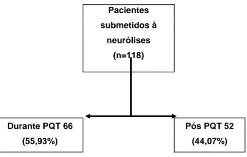 Figura  30  -  Distribuição  dos  pacientes  hansênicos  (n=  118)  submetidos à  cirurgia de neurólise durante ou após a poliquimioterapia (PQT)