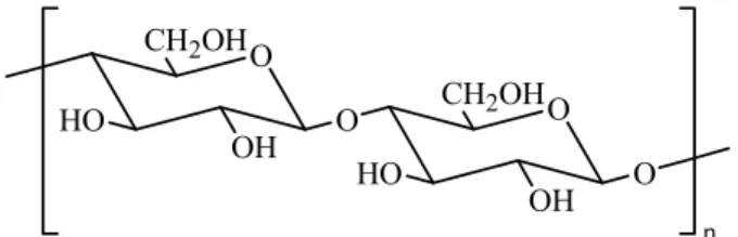 Figura 2: Parte de uma cadeia de celulose. As ligações glicosídicas são do tipo β(1→4)