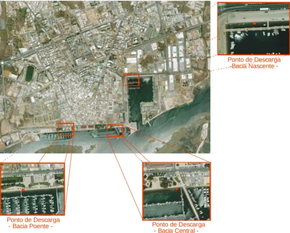 Figura 3.3 - Localização dos pontos de descarga das bacias de drenagem de águas pluviais da  cidade de Olhão