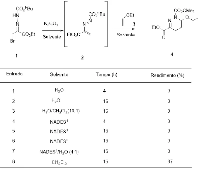 Tabela 2.1- Resultados da síntese da tetrahidropiridazina 4 (MM2).