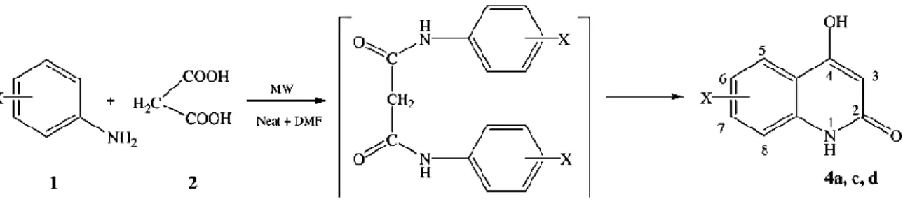 Figura III-16. Representação do esquema geral de síntese de 4-hidroxi-2-oxo-quinolinas  segundo o método de Arya et al