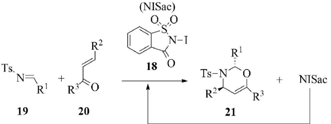 Figura 1.13 – Representação esquemática da formação de 1,3-oxazinas (21) com  reutilização do catalisador NISac (18)