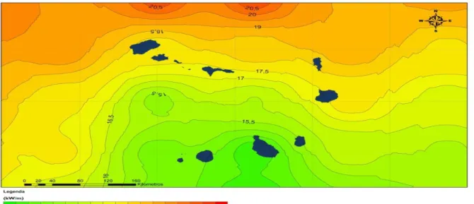 Figura 15 - Fluxo de energia médio para o arquipélago de Cabo Verde (kW/m) –  Fonte: PDERCV  