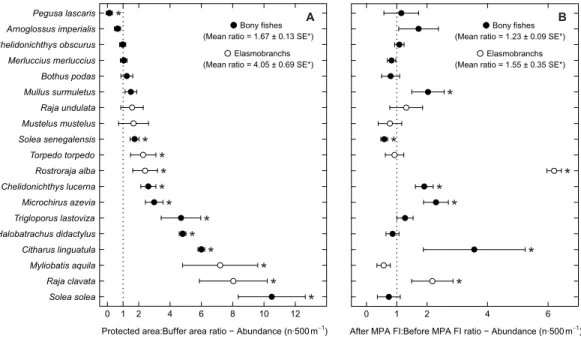 Figure 3 Abundance response ratio per species. Response ratios ( ± standard error: SE) of abundance per species for (A) Control-Impact (Protected area:Buffer area) and (B) Before-After (After MPA Full  Im-plementation:Before MPA Full Implementation) compar