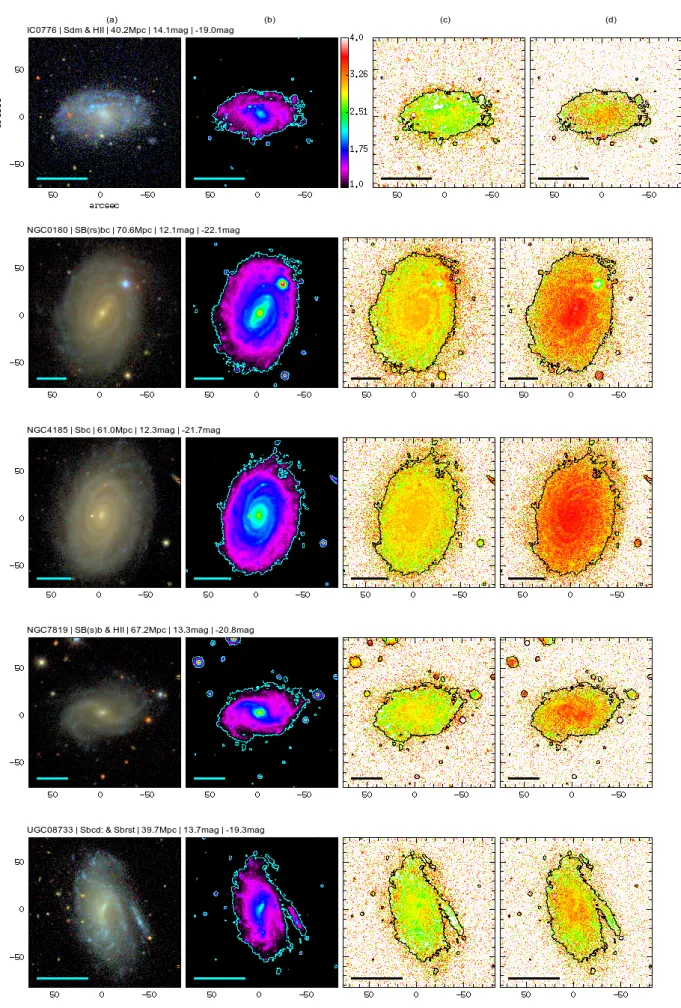 Figure 2.4: Five different random galaxies of our sample, showing: a) true-color RGB image; b) logarithmic mean of the SDSS filters gri; c) color map r − i; d) color map g − r.