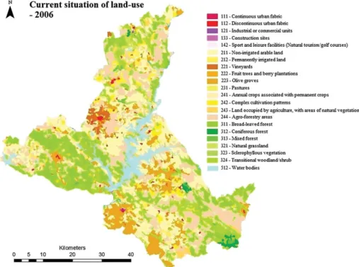 Figure 3 illustrates the soil erosion rates estimated using the RUSLE model for 2006, considering the land-use classes represented in Figure 2