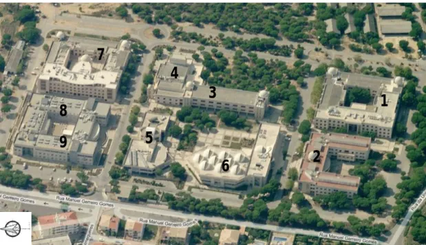 Figura 4.25  –  Imagem aérea do Campus de Gambelas, com identificação dos edifícios em  estudo (Fonte: http://www.bing.com/maps/, acedido a 15/12/2012)