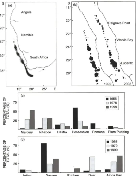 Figure 5: Variability through time in the distribution of some living marine resources of the  Benguela,  showing  (a)  the  distribution  by  density  of  deep-water  hake  in  the  northern  Benguela from  catch data collected between 1977 and 1989 (from
