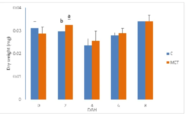 Figure 17. Gilthead Seabream standard length (0 to 8 DAH). Values are means (±SD) of treatment replicates  (n=3)