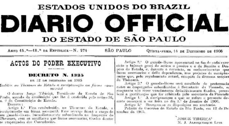 Figure 1 Decree no. 1,335 of December 12, 1905. Sets the commercial bookkeeping in the State Treasury