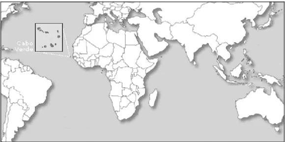 Fig. 1 Mapa do mundo com indicação da localização do arquipélago de Cabo Verde e as respectivas ilhas