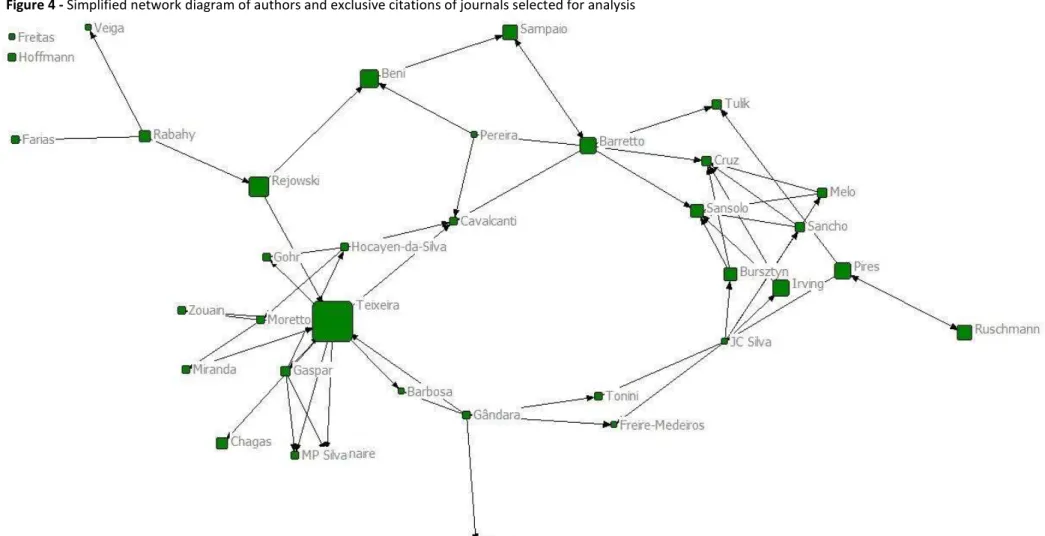 Figure 4 - Simplified network diagram of authors and exclusive citations of journals selected for analysis  