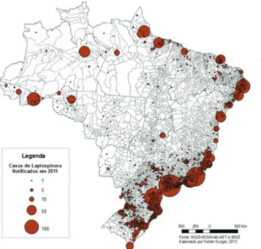 Figura 6: Casos de Leptospirose por municipio de infecção no Brasil, 2011.