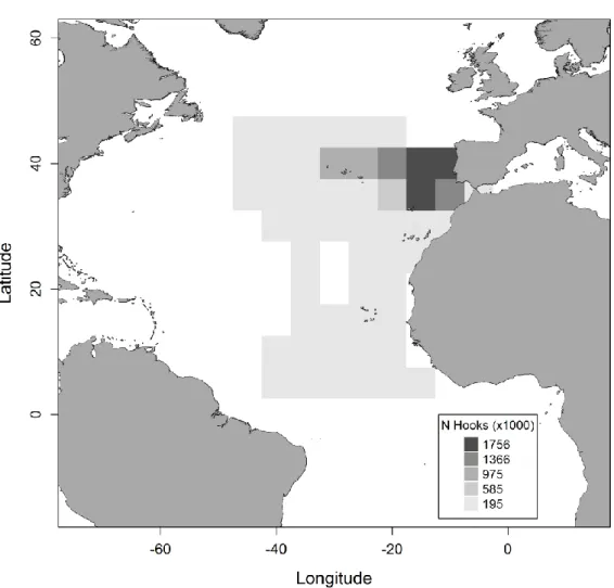 Figure 7. Effort distribution of the Portuguese pelagic longline fleet sampled in the North Atlantic used in this  study, for the period 1999-2015