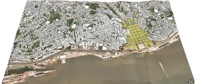 Figure 1 – Perspective from Lisbon CIM model section (grey colour) and downtown (yellow)