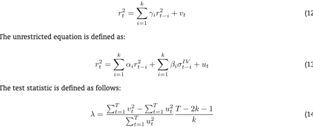Table 3 contains the results for eq.(12) and eq.(13) comparison. In all the three cases, Granger causality is verified at a very low significance level, corroborating previous results on one-day ahead  re-gressions which suggest that implied volatilities p