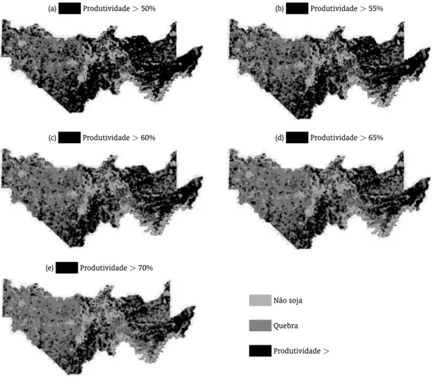 Figura 2: Mapas de produtividade para os municípios analisados ao nível de cobertura (a) 50%, (b) 55%, (c) 60%, (d) 65% e (e) 70%.