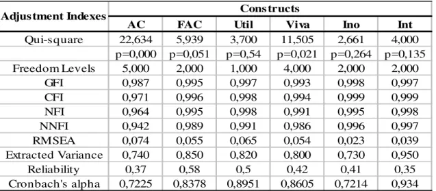 Table 1 – Final result of the adjustment indexes  