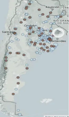 Figure  1  –  Distribution  of  privately  owned  theaters  (white circles) and INCAA venues (dark circles) in  Ar-gentina (Source: SINCA)