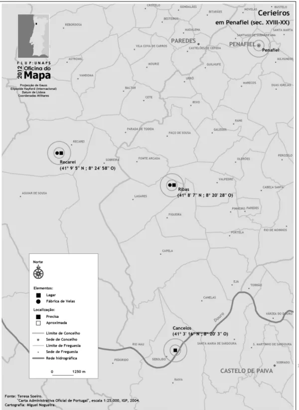 Fig. 1 – Localização dos centros cerieiros e lagares de cera na área de Penafiel