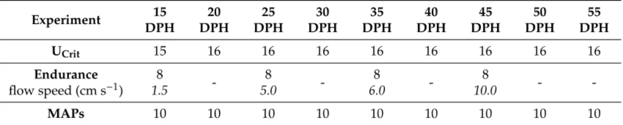 Table 1. Number of white seabream Diplodus sargus (Linnaeus, 1758) larvae used in the critical swimming speed (U Crit ), endurance (water flow speed is in italics), and Modal Action Patterns (MAPs) experiments at nine occasions along ontogeny—15, 20, 25, 3